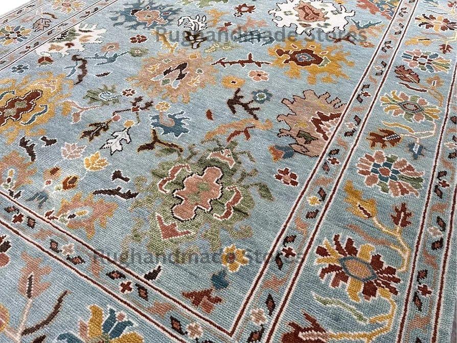 Hand-Knotted Oushak Wool Rug: Sky Blue & Multicolor Turkish Area Rug