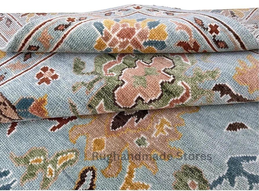Hand-Knotted Oushak Wool Rug: Sky Blue & Multicolor Turkish Area Rug