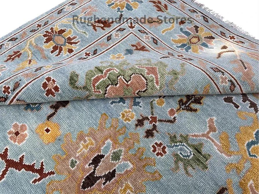 Hand-Knotted Oushak Wool Rug: Sky Blue & Multicolor Turkish Area Rug