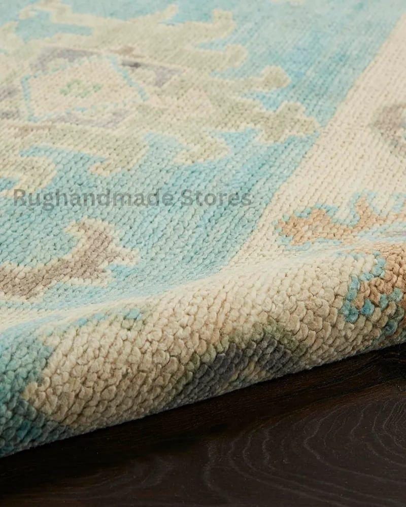 Hand-Knotted Oushak Wool Rug: Sky Blue & Beige Turkish Knot, 8x10