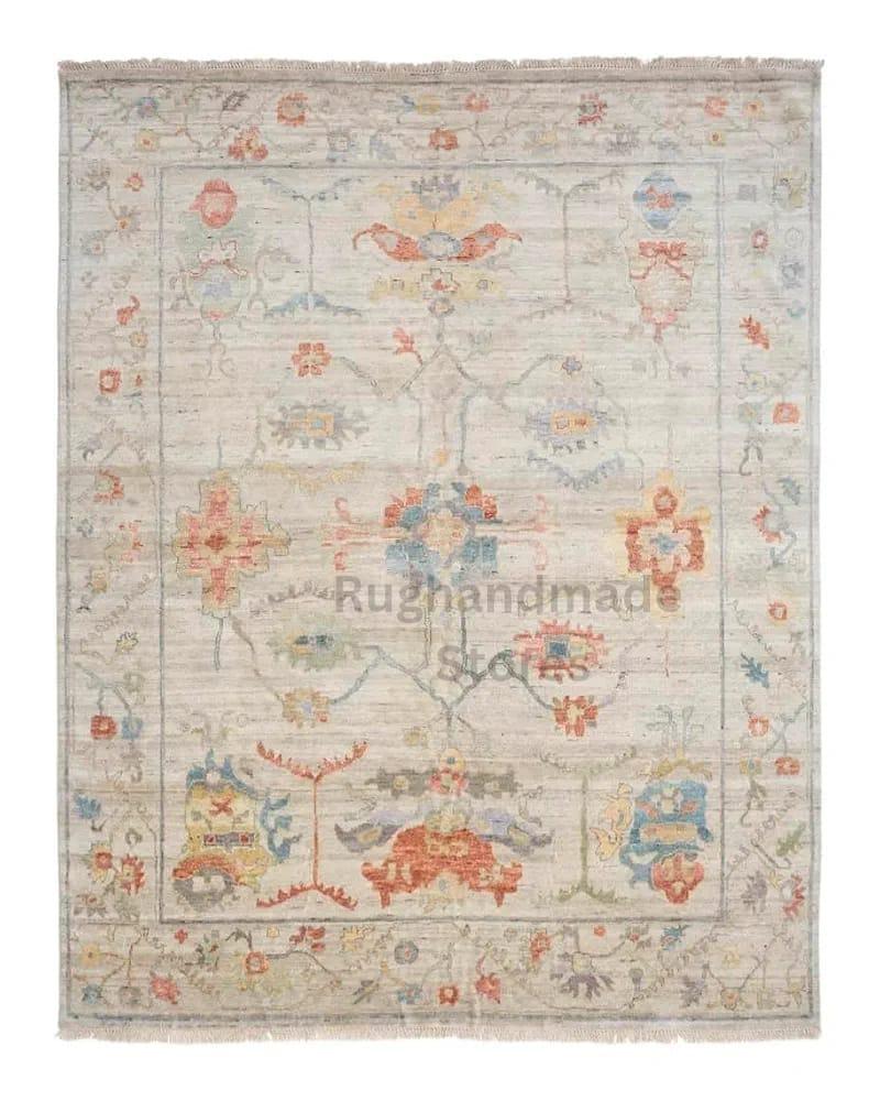 Handmade Oushak Wool Rug: Beige & Gray Turkish Knot Area Rug