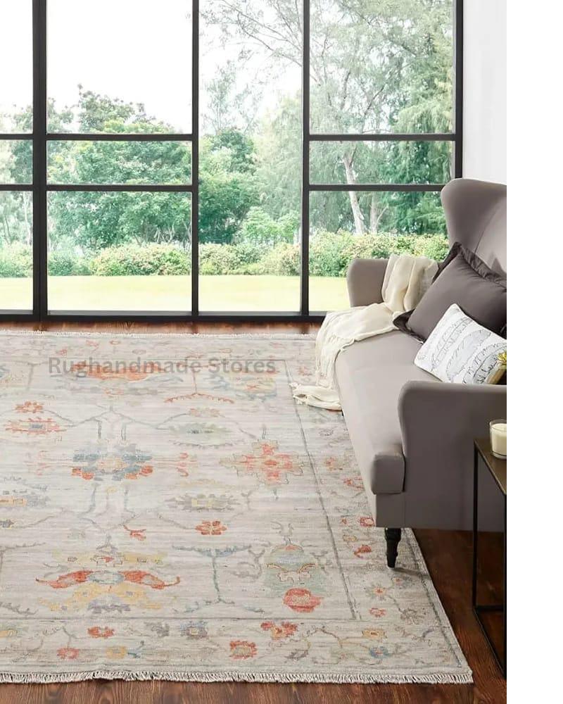 Handmade Oushak Wool Rug: Beige & Gray Turkish Knot Area Rug