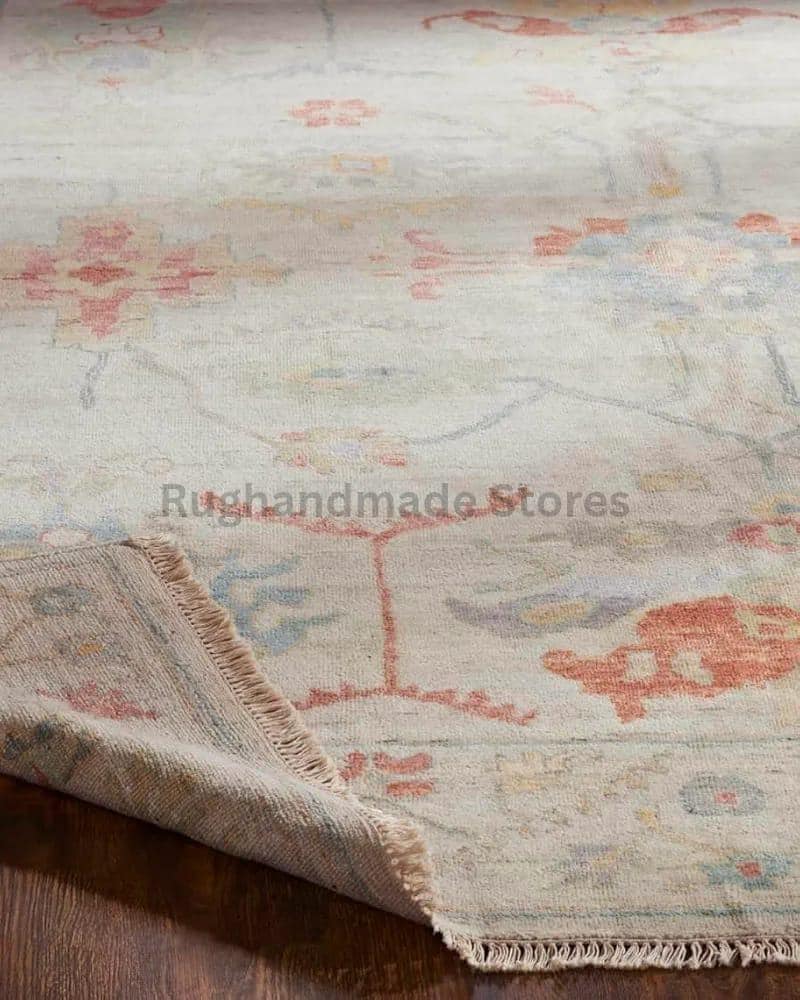 Handmade Oushak Wool Rug: Beige & Gray Turkish Knot Area Rug