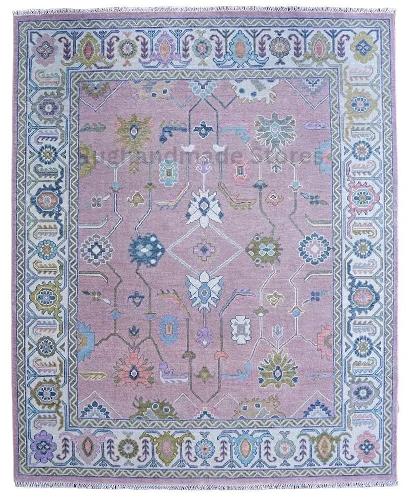 Hand-Knotted Oushak Wool Rug: Soft Pink, Blue & Beige, Turkish Knot 8x10