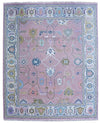 Hand-Knotted Oushak Wool Rug: Soft Pink, Blue & Beige, Turkish Knot 8x10
