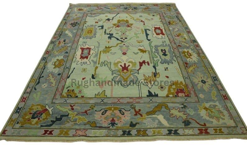 Hand-Knotted Oushak Wool Rug: Turkish Floral Area Rug, 8x10