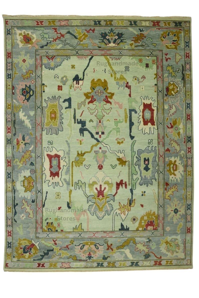 Hand-Knotted Oushak Wool Rug: Turkish Floral Area Rug, 8x10