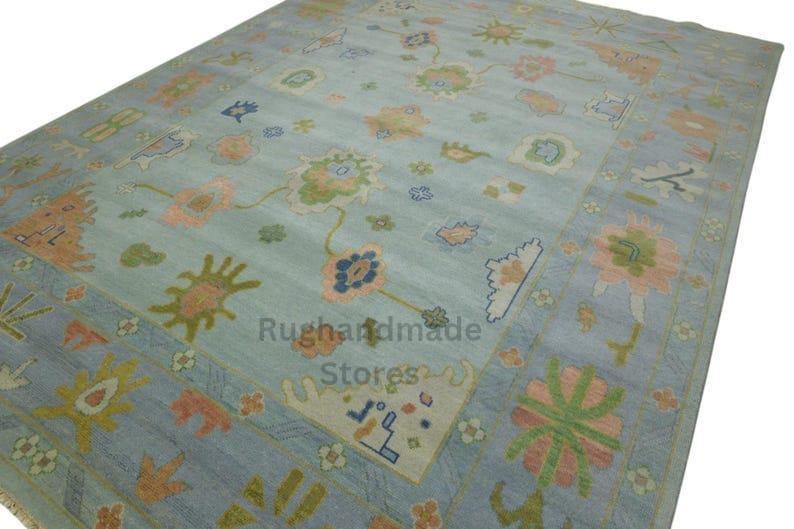 Hand-Knotted Oushak Wool Rug: Sky Blue, Gold & Terracotta, 8x10
