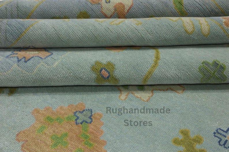 Hand-Knotted Oushak Wool Rug: Sky Blue, Gold & Terracotta, 8x10