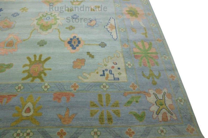 Hand-Knotted Oushak Wool Rug: Sky Blue, Gold & Terracotta, 8x10