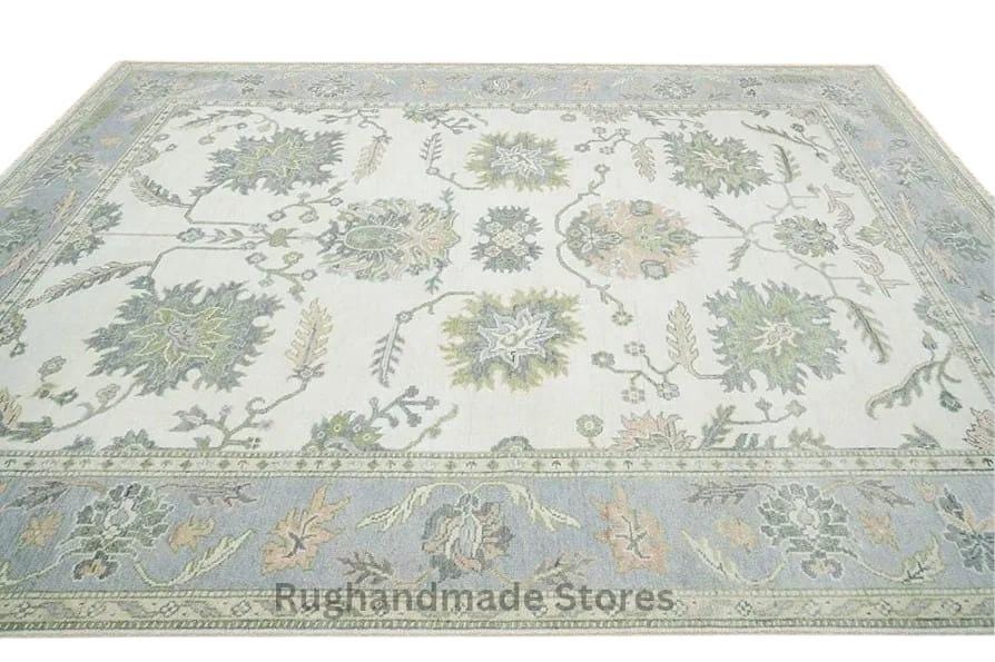 Hand-Knotted Oushak Wool Rug: Floral Sage, Blue, Ivory - 8x10, 9x12 Area Rug