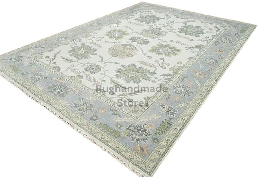 Hand-Knotted Oushak Wool Rug: Floral Sage, Blue, Ivory - 8x10, 9x12 Area Rug
