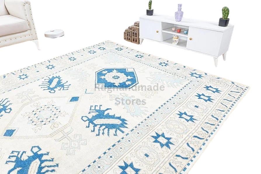 Handmade Oushak Wool Rug: White & Blue Turkish Knot, Vintage Style