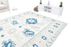 Handmade Oushak Wool Rug: White & Blue Turkish Knot, Vintage Style