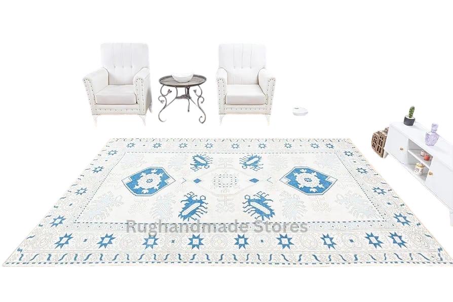 Handmade Oushak Wool Rug: White & Blue Turkish Knot, Vintage Style
