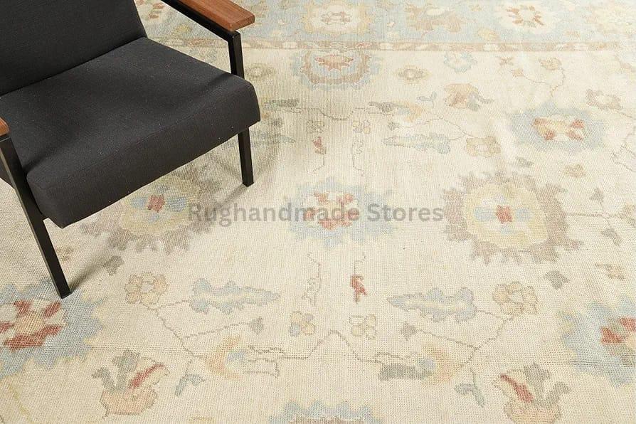 Hand-Knotted Oushak Wool Rug: Geometric Turkish Knot, Muted Tones