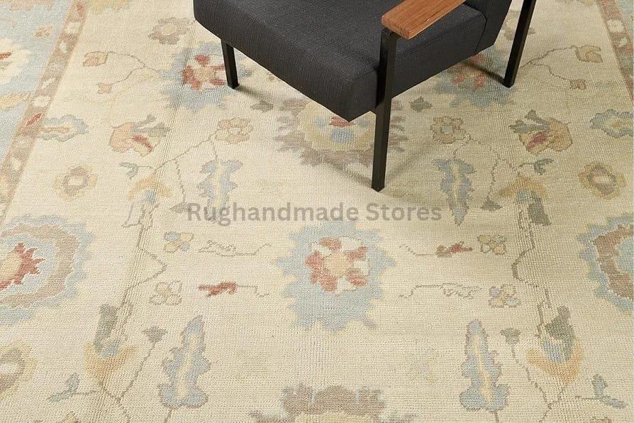 Hand-Knotted Oushak Wool Rug: Geometric Turkish Knot, Muted Tones
