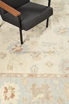 Hand-Knotted Oushak Wool Rug: Geometric Turkish Knot, Muted Tones