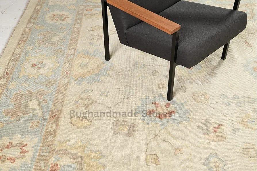 Hand-Knotted Oushak Wool Rug: Geometric Turkish Knot, Muted Tones