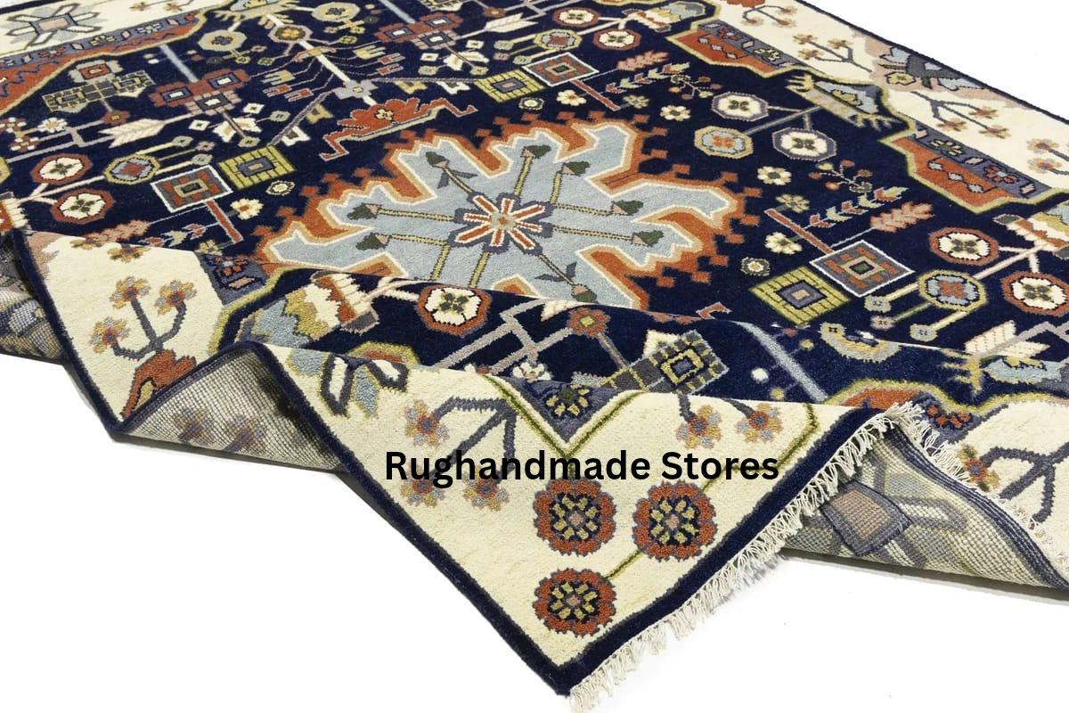 Hand-Knotted Oushak Wool Rug: Geometric Medallion, Navy Blue & Ivory, 8x10