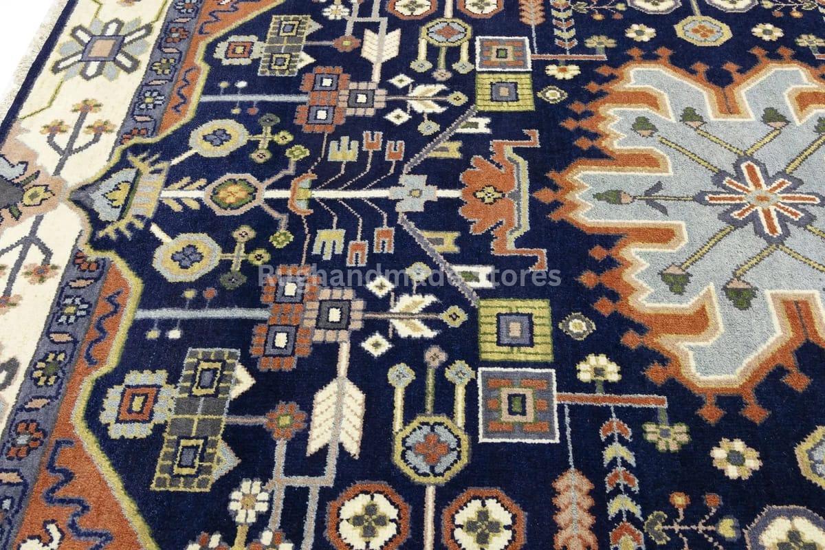 Hand-Knotted Oushak Wool Rug: Geometric Medallion, Navy Blue & Ivory, 8x10