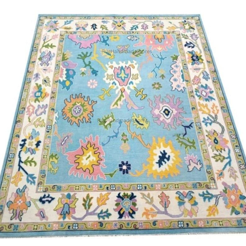 Handwoven Oushak Rug: Sky Blue, Aqua & Mustard Turkish Boho Carpet
