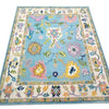 Handwoven Oushak Rug: Sky Blue, Aqua & Mustard Turkish Boho Carpet