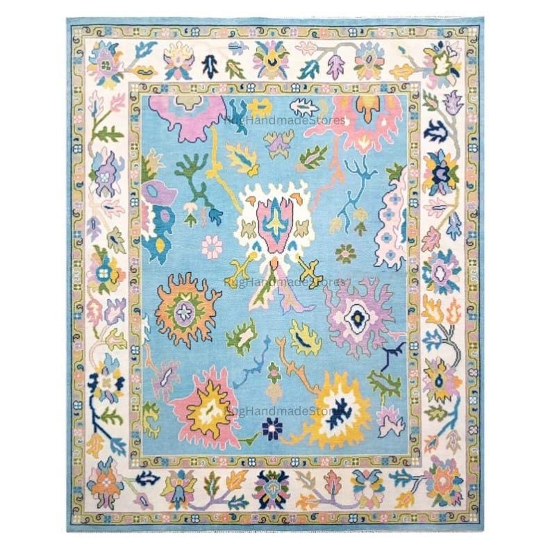 Handwoven Oushak Rug: Sky Blue, Aqua & Mustard Turkish Boho Carpet