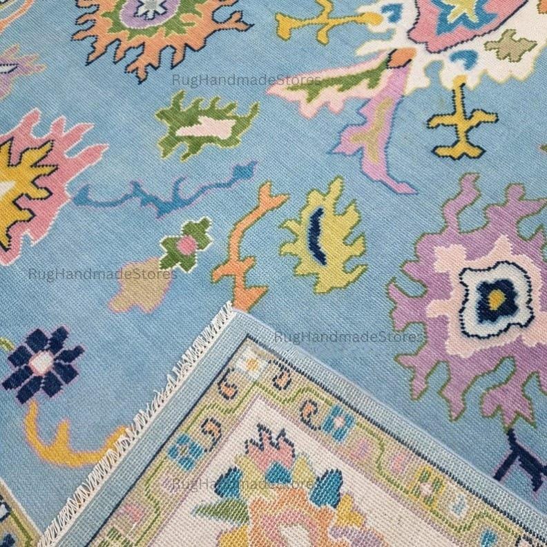 Handwoven Oushak Rug: Sky Blue, Aqua & Mustard Turkish Boho Carpet