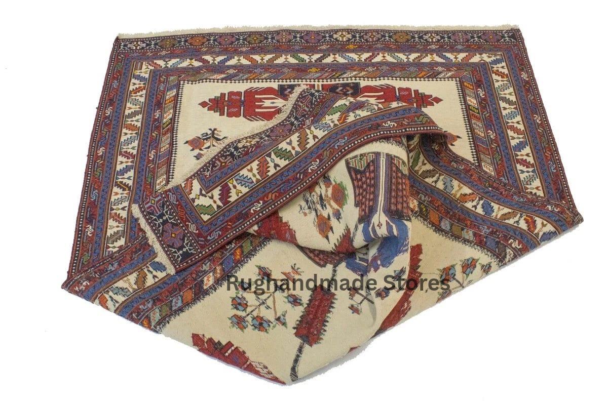 Hand-Knotted Wool Rug: Geometric Oushak Design, Ivory & Red, 8x10