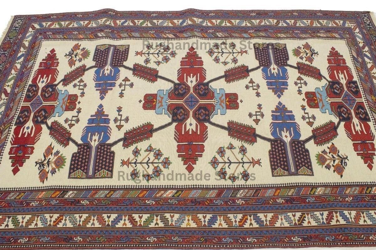 Hand-Knotted Wool Rug: Geometric Oushak Design, Ivory & Red, 8x10