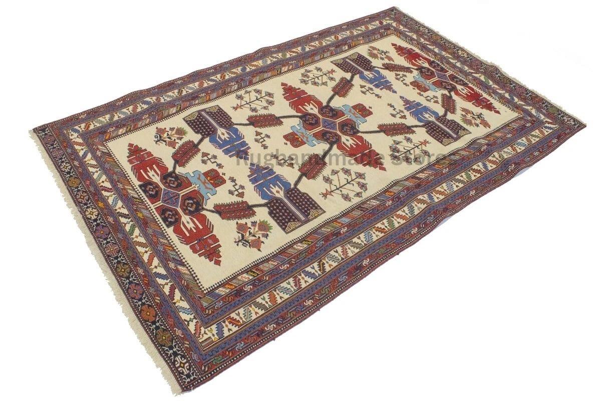 Hand-Knotted Wool Rug: Geometric Oushak Design, Ivory & Red, 8x10