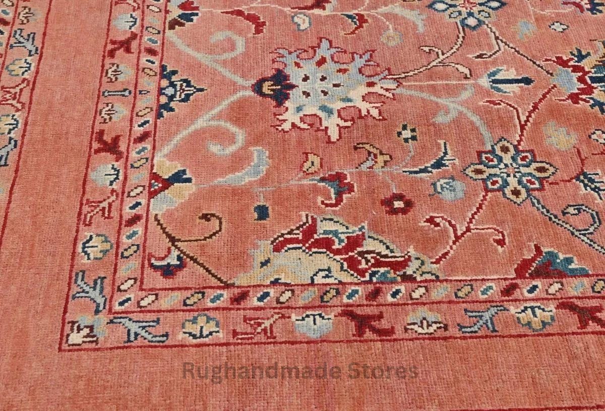 Handmade Wool Turkish Knot Rug: Pink & Yellow Oushak Area Rug