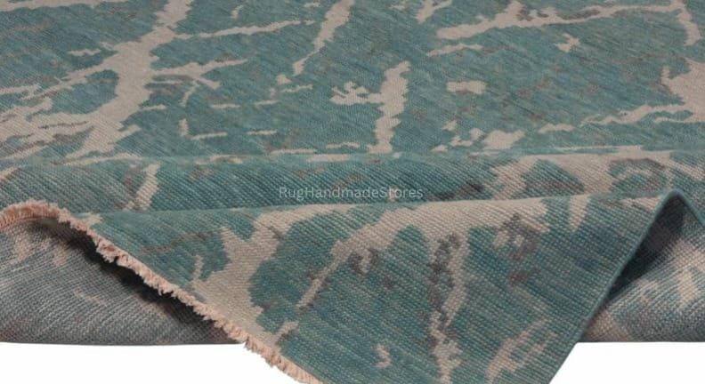 Handwoven Oushak Wool Rug: Aqua, Mustard, Boho Chic, 8x10