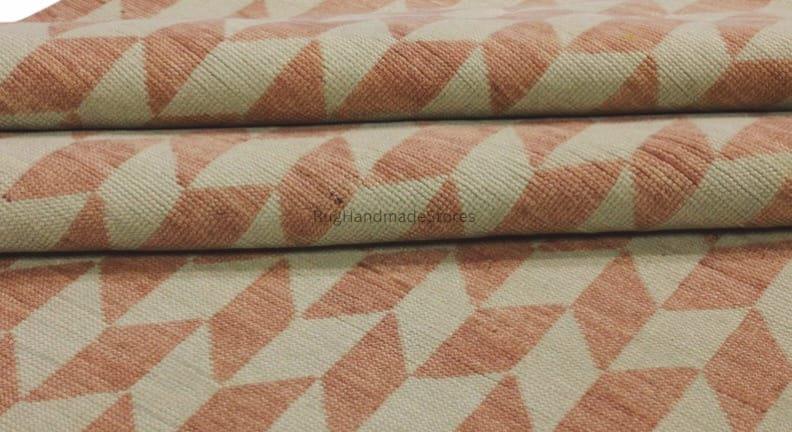 Hand-Knotted Oushak Wool Rug: Terracotta Pink Geometric Turkish Knot