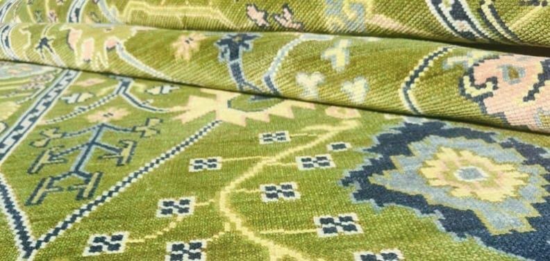 Hand-Knotted Olive Green Wool Rug: Turkish Oushak Area Rug