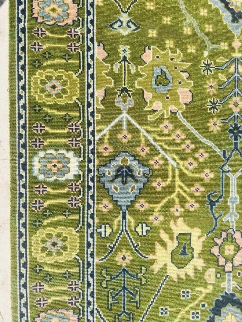 Hand-Knotted Olive Green Wool Rug: Turkish Oushak Area Rug