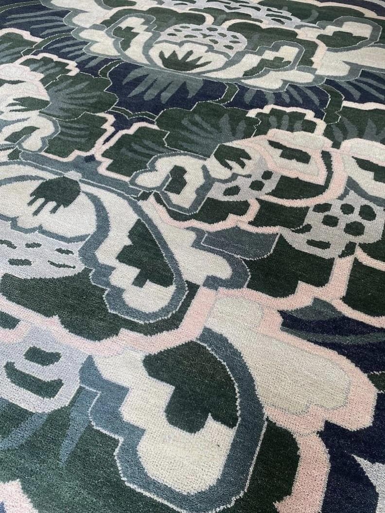 Handmade Oushak Wool Rug: Blue, Gray & Orange Turkish Knot Design