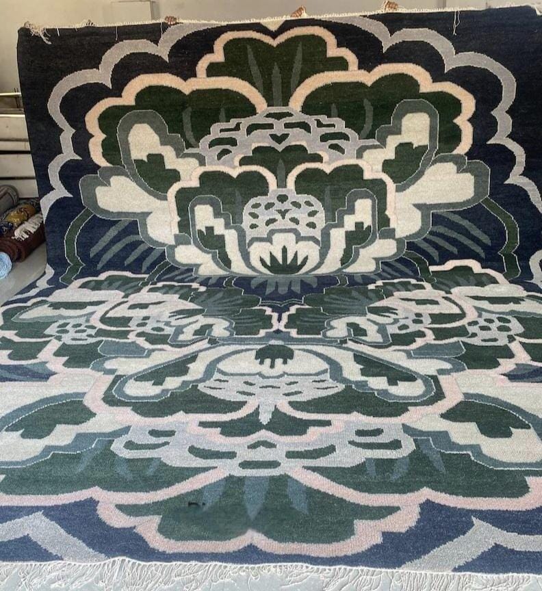 Handmade Oushak Wool Rug: Blue, Gray & Orange Turkish Knot Design