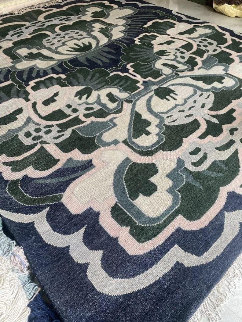 Handmade Oushak Wool Rug: Blue, Gray & Orange Turkish Knot Design