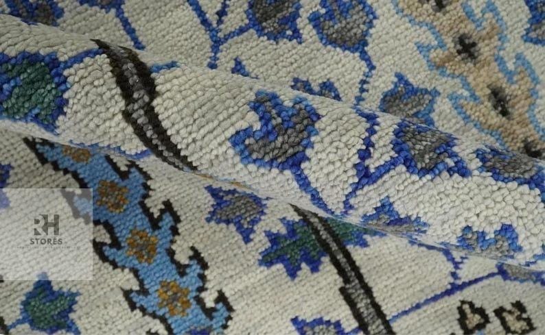 Handmade Oushak Wool Rug: Gray, Cream & Blue Turkish Knot, 8x10 Area Rug