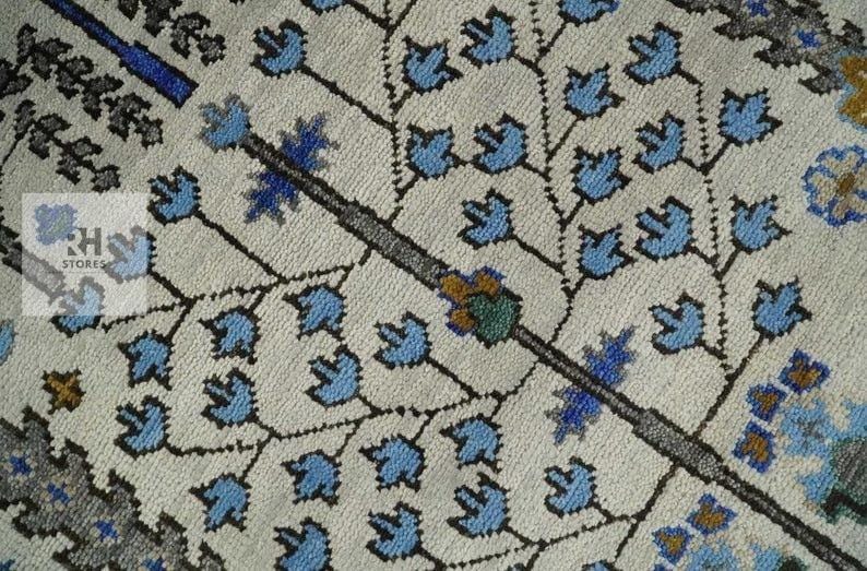 Handmade Oushak Wool Rug: Gray, Cream & Blue Turkish Knot, 8x10 Area Rug