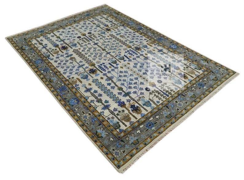 Handmade Oushak Wool Rug: Gray, Cream & Blue Turkish Knot, 8x10 Area Rug