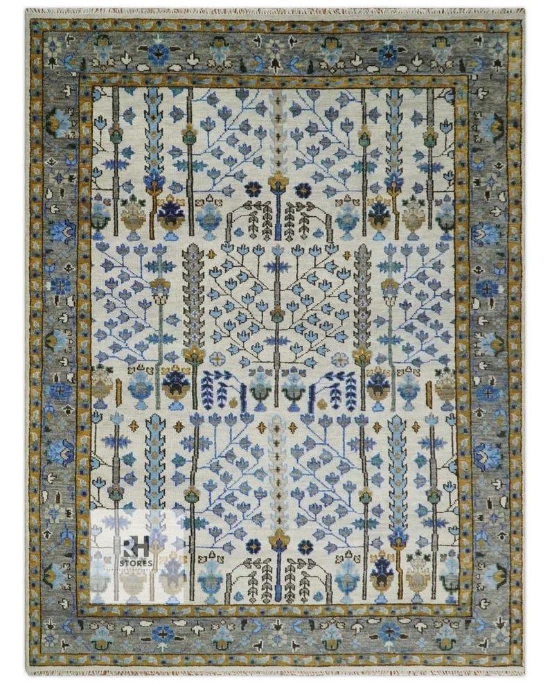 Handmade Oushak Wool Rug: Gray, Cream & Blue Turkish Knot, 8x10 Area Rug