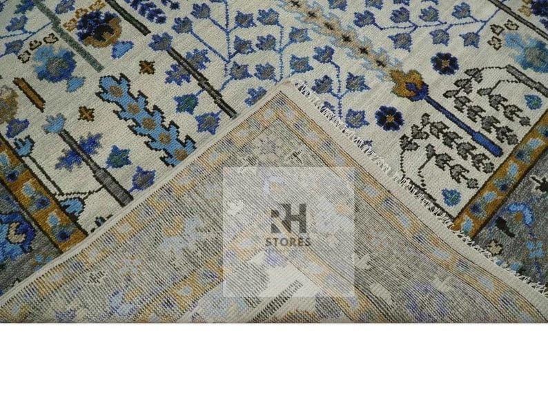 Handmade Oushak Wool Rug: Gray, Cream & Blue Turkish Knot, 8x10 Area Rug