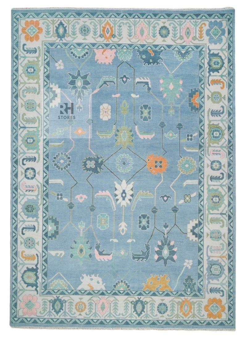 Handmade Oushak Wool Rug: Blue, Orange & White Turkish Knot Area Rug