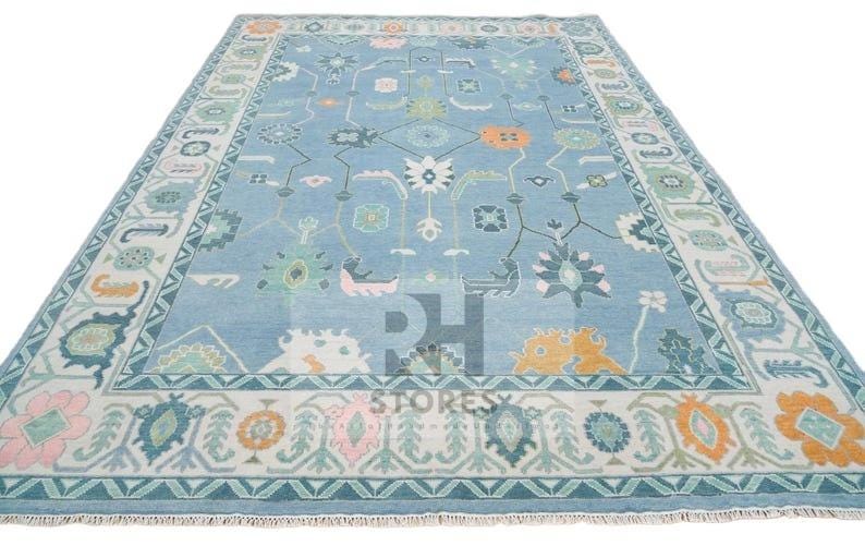 Handmade Oushak Wool Rug: Blue, Orange & White Turkish Knot Area Rug