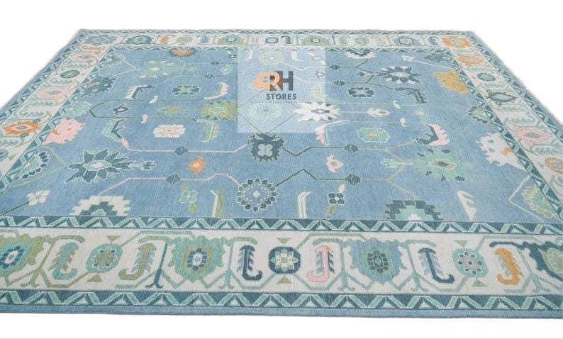Handmade Oushak Wool Rug: Blue, Orange & White Turkish Knot Area Rug