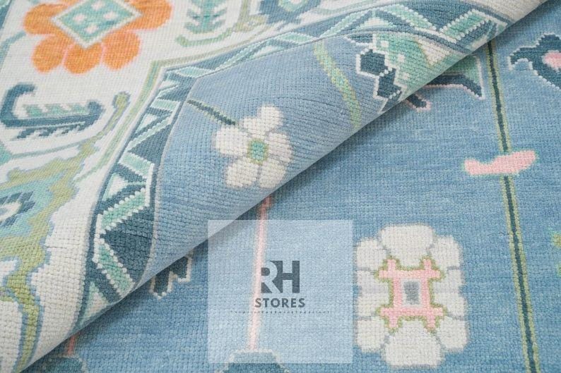 Handmade Oushak Wool Rug: Blue, Orange & White Turkish Knot Area Rug