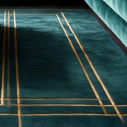 Emerald Green Wool Area Rug with Gold Geometric Design for Art Deco Glam Decor